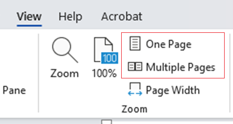 View tab Pages options on Ribbon in Word